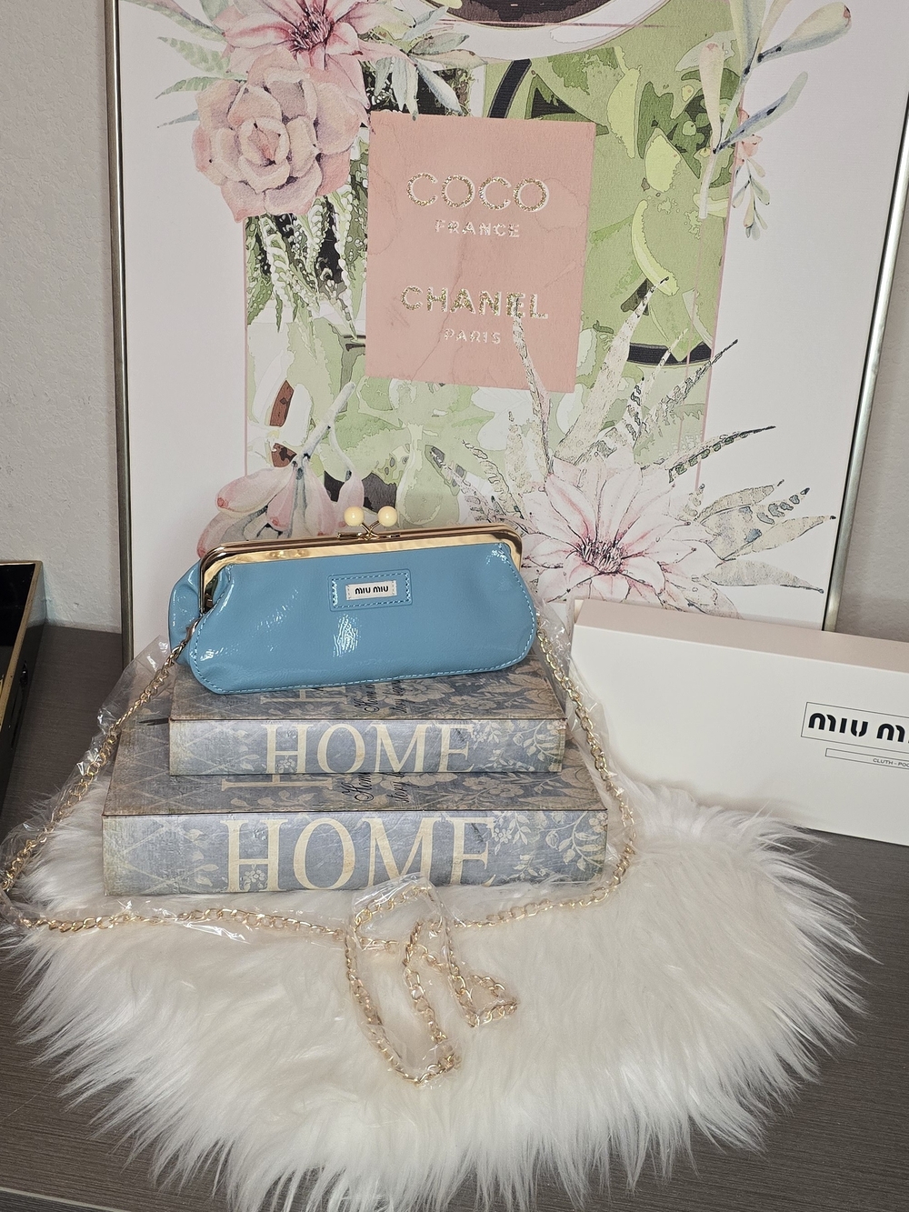 Gift With Purchase Miu Miu Blue Leather Frame-Top Pencil Case with Gold Chain